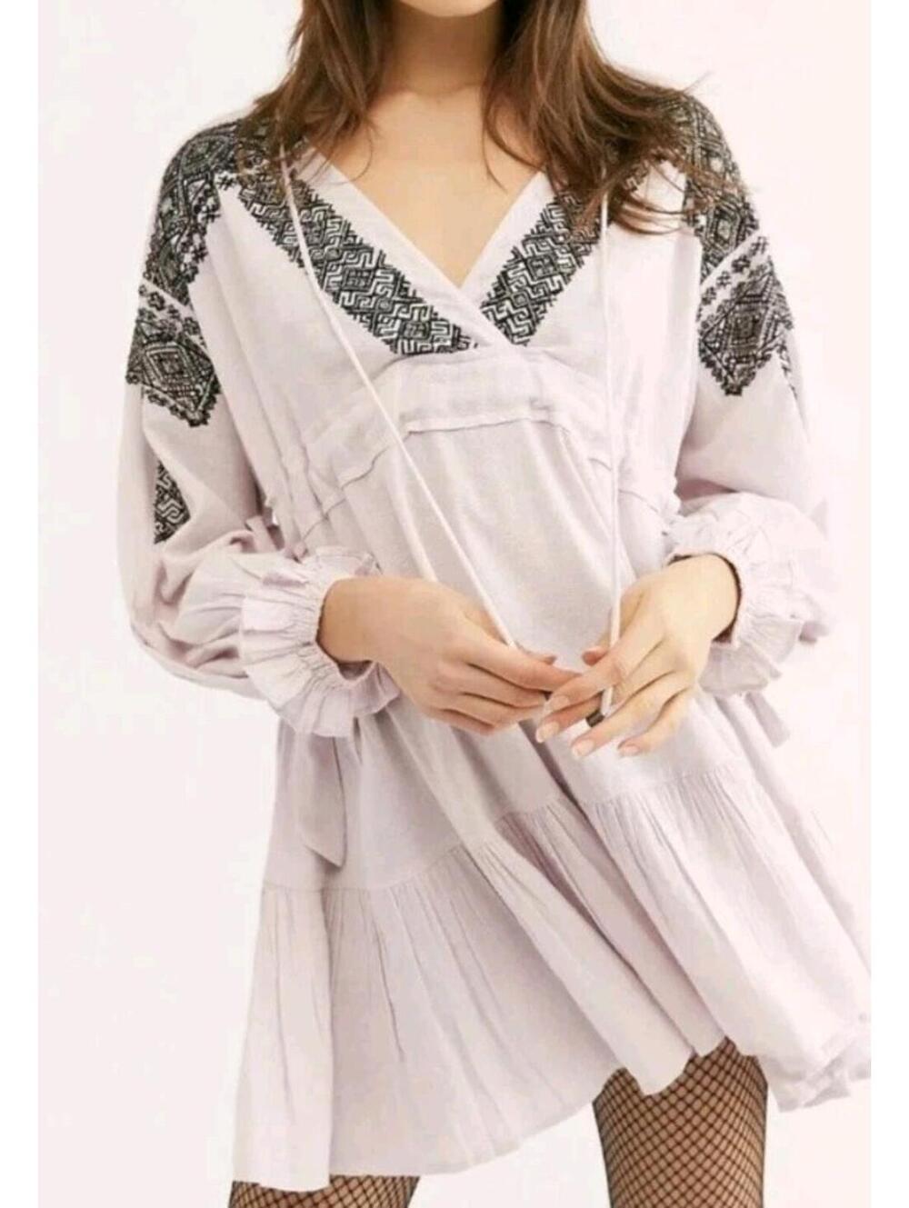Free People Moonshiner Embroidered Mini Dress Lilac Boho XS $148 EUC Oversized